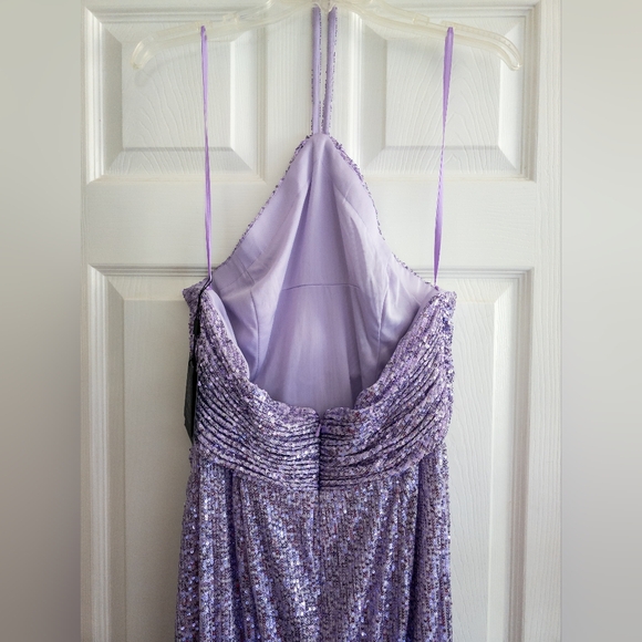 Mac Duggal Gathered Sequined Halter Gown- Lilac - Picture 9 of 11